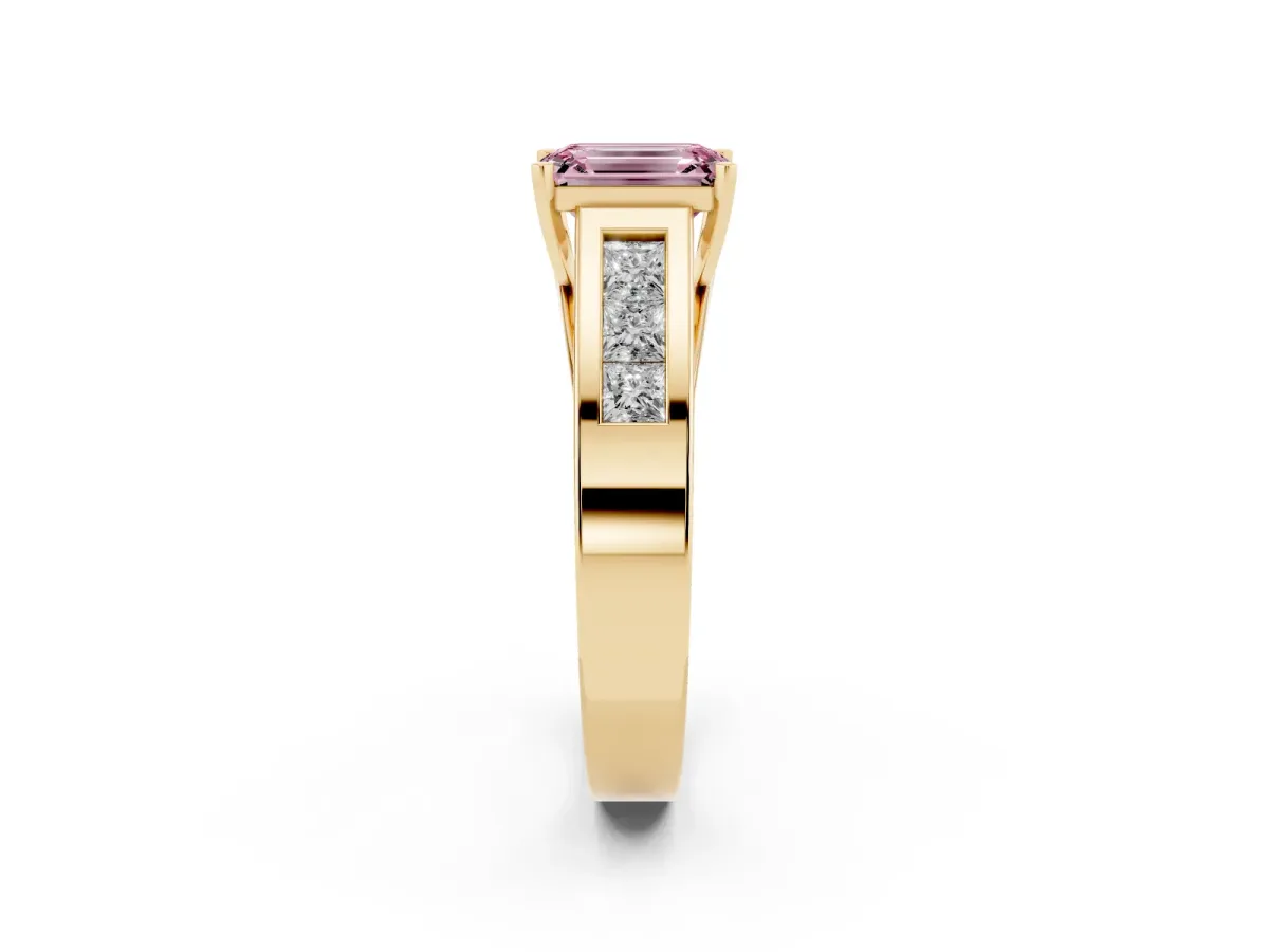 Fancy Pink Emerald Cut Cut Channel Set Solitaire Ring with Four-Prong Setting Yellow gold