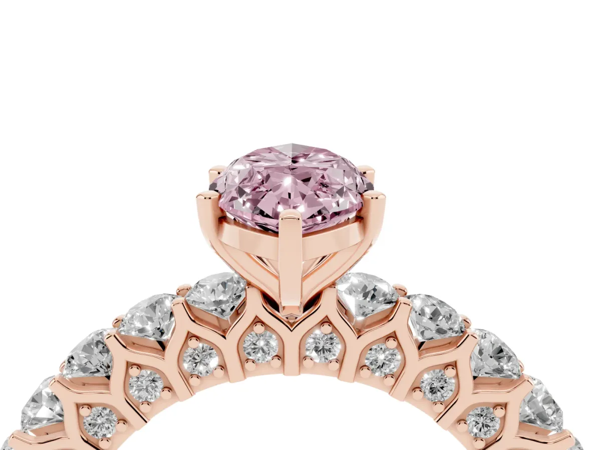 Fancy Pink Marquise Cut Diamond Solitaire Ring with Shared Prong Pavé Band and Four-Prong Setting Rose gold