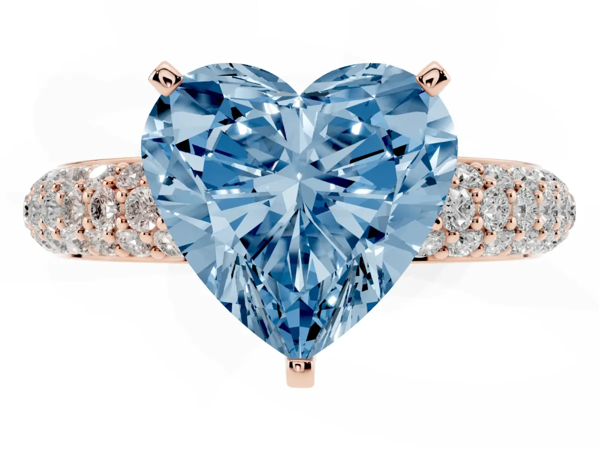 Fancy Blue Heart Cut Diamond Solitaire Ring with Prong Setting and Pavé Band Rose gold