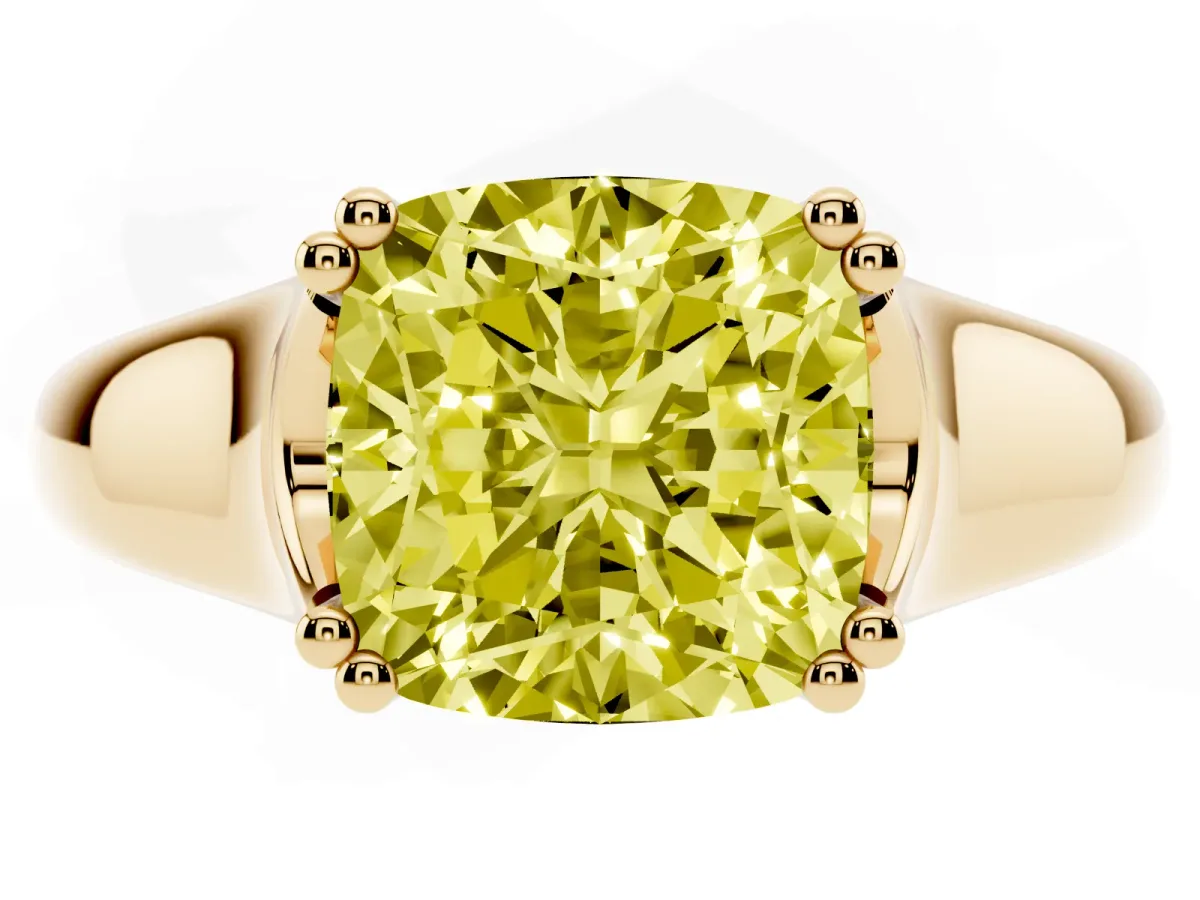 Fancy Yellow Cushion Cut Diamond Solitaire Ring with Wide Band and Prong Setting Yellow gold