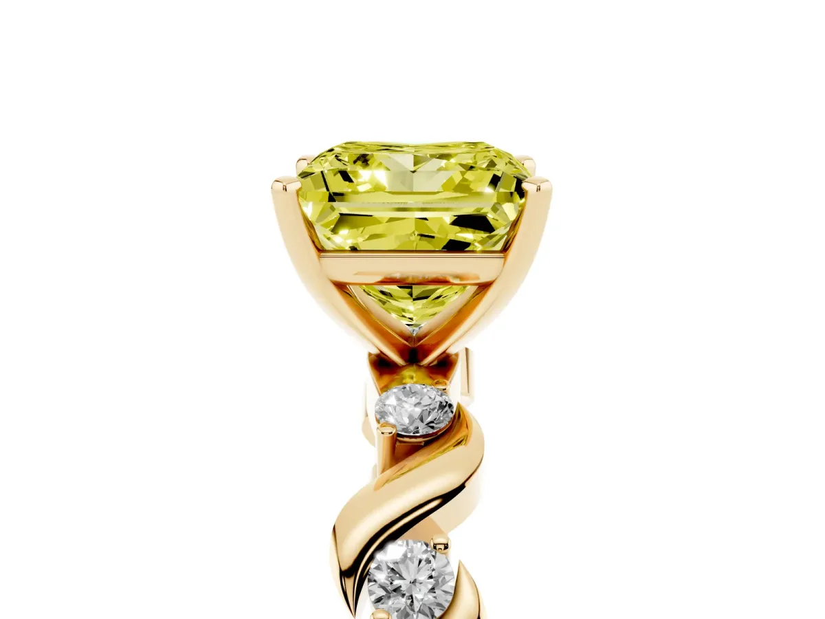 Fancy Yellow Princess Cut Diamond Solitaire Twisted Band with Round Accents and Prong Setting Yellow gold