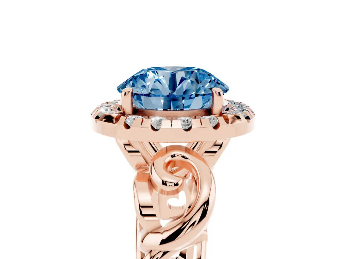 Fancy Blue Round Cut Cut Halo Diamond Ring with Scrollwork Band and Four-Prong Setting Rose gold