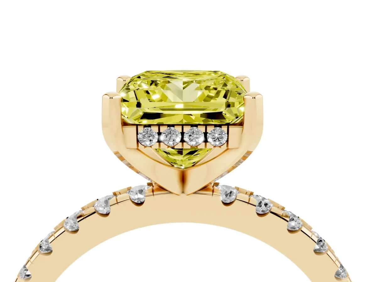 Fancy Yellow Princess Cut Diamond Solitaire Ring with Round Pavé Band and Four-Prong Setting Yellow gold
