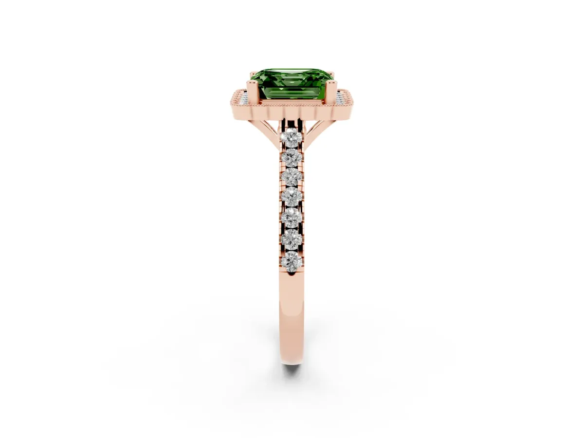 Fancy Green Asscher Cut Cut Diamond Milgrain Floral Halo Engagement Ring with Pavé Band Rose gold