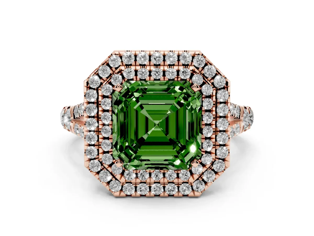 Fancy Green Asscher Cut Diamond Pavé Split Shank Double Halo Engagement Ring Rose gold