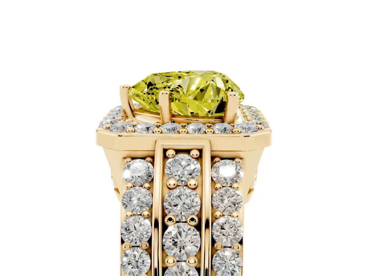 Fancy Yellow Heart Cut Halo Diamond Ring with Round Split Shank and Prong Setting Yellow gold