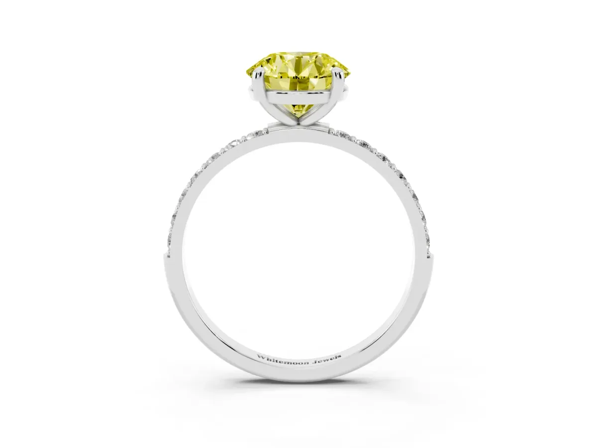 Fancy Yellow Round Cut Diamond Solitaire Ring with Round Pavé Band and Prong Setting Silver