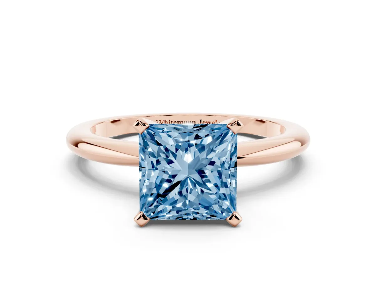 Fancy Blue Princess Cut Diamond Solitaire Ring with Prong Setting and Classic Band Rose gold
