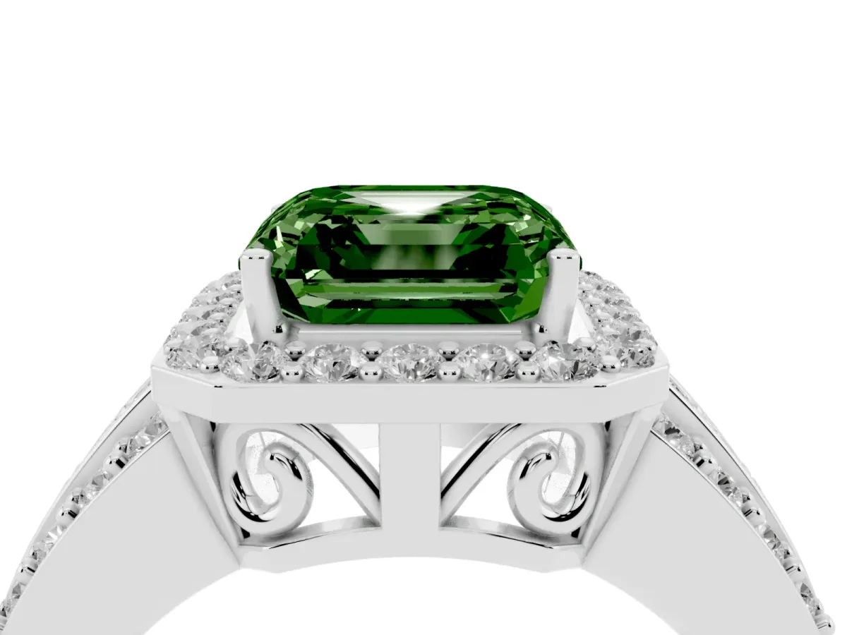 Fancy Green Asscher Cut Halo Diamond Ring with Round Split Shank and Prong Setting Silver