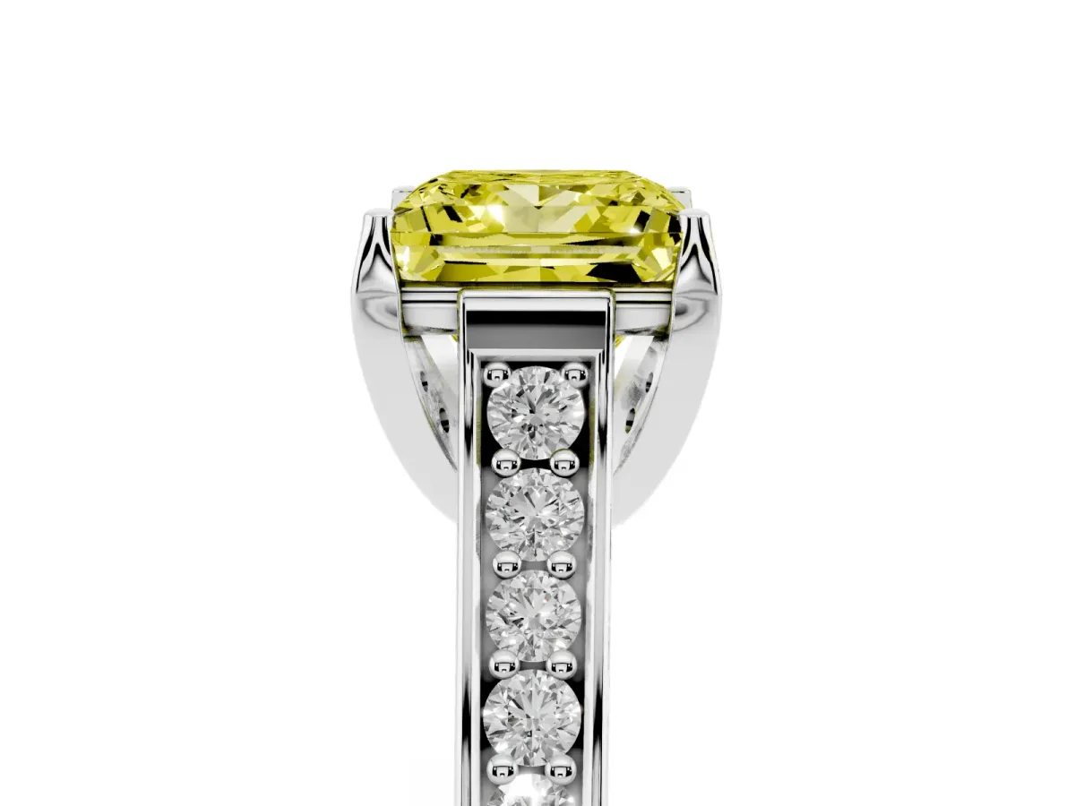 Fancy Yellow Princess Cut Brilliant Cut Diamond Engagement Ring with Pavé Band and Four-Prong Setting White gold