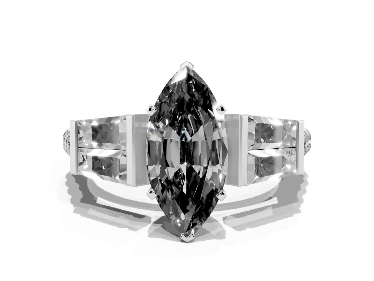 Fancy Black Marquise Cut Diamond Engagement Ring with Baguette Side Stones and Channel Set Band Silver