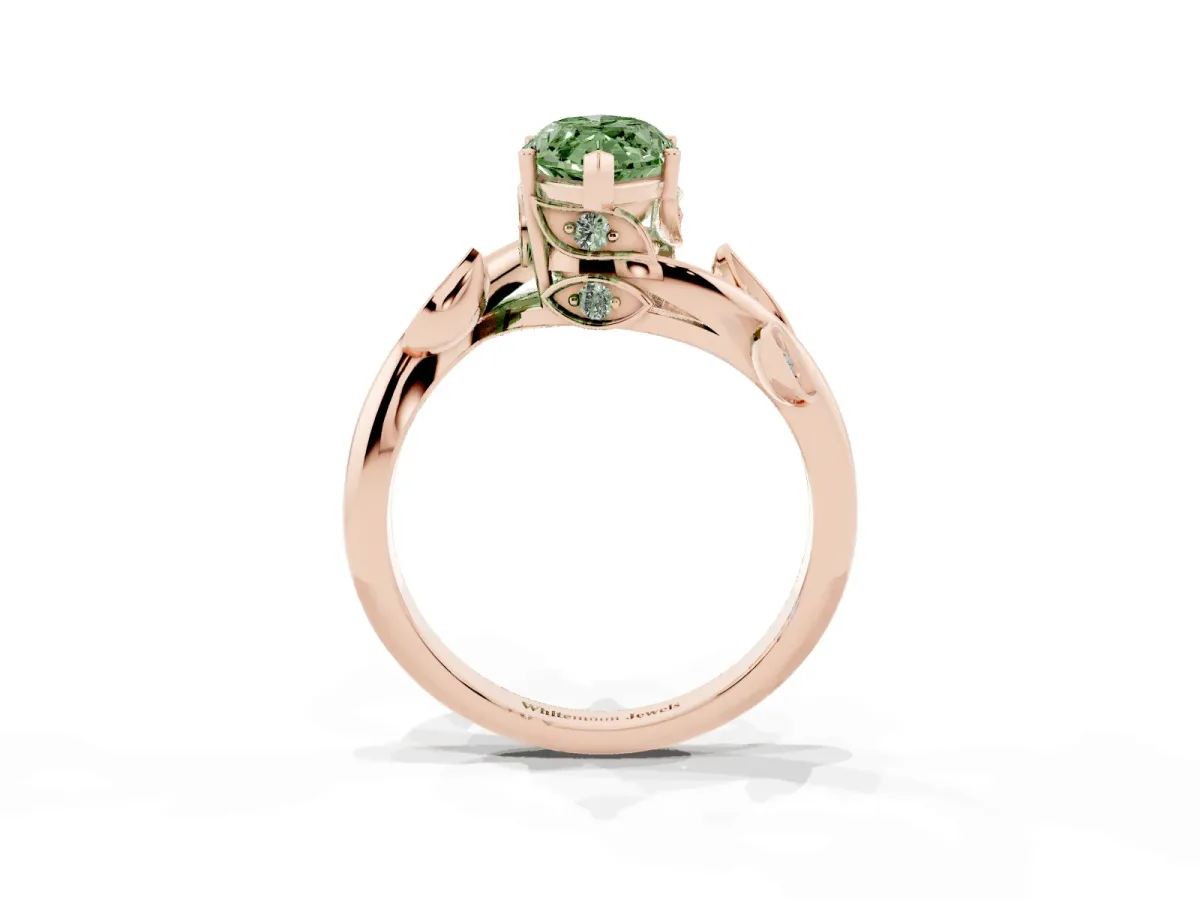 Fancy Green Marquise Cut Solitaire Twist Engagement Ring with Leaf Accents and Prong Setting Rose gold