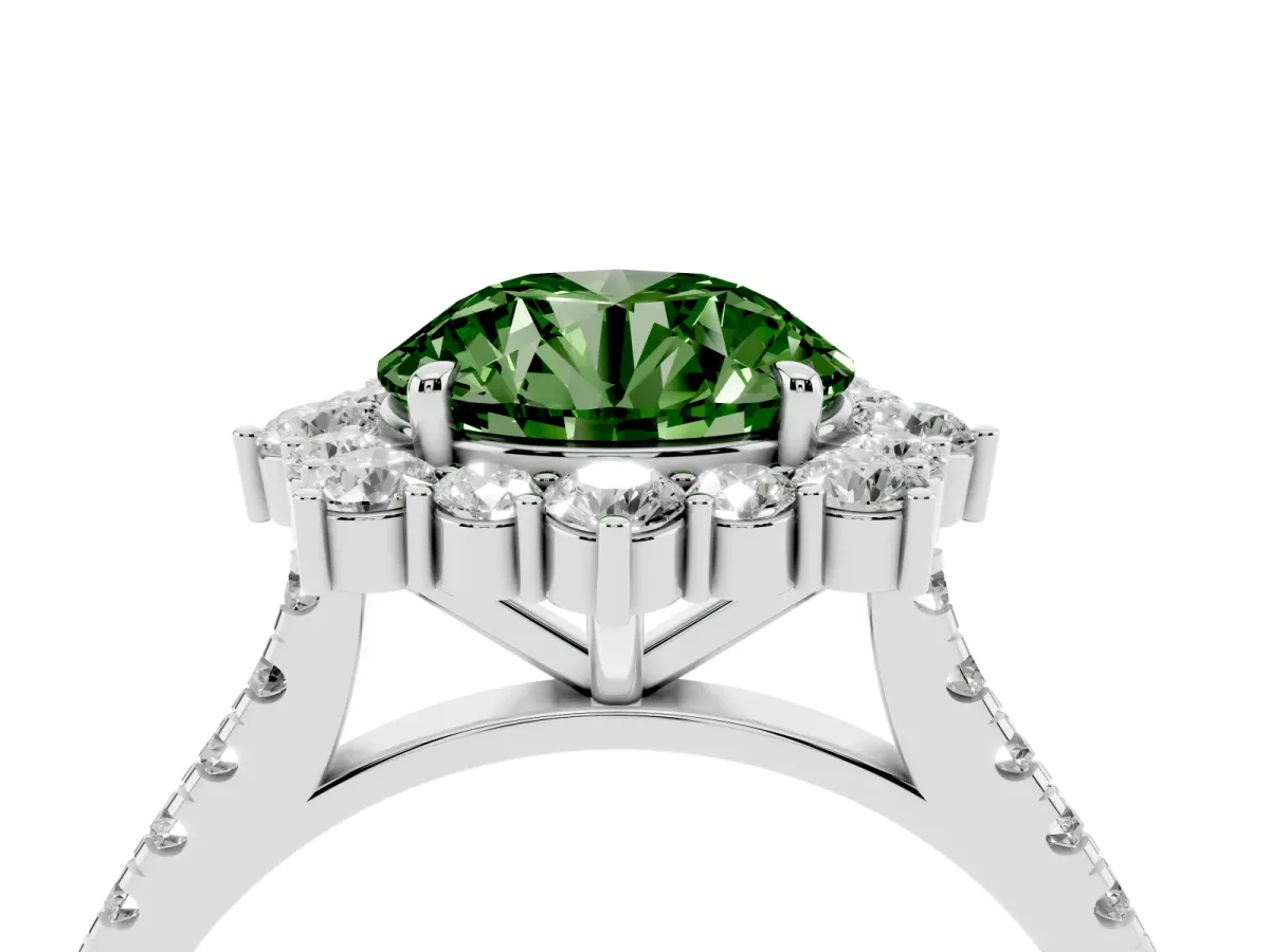 Fancy Green Round Cut Halo Diamond Ring with Pavé Band and Prong Setting Silver