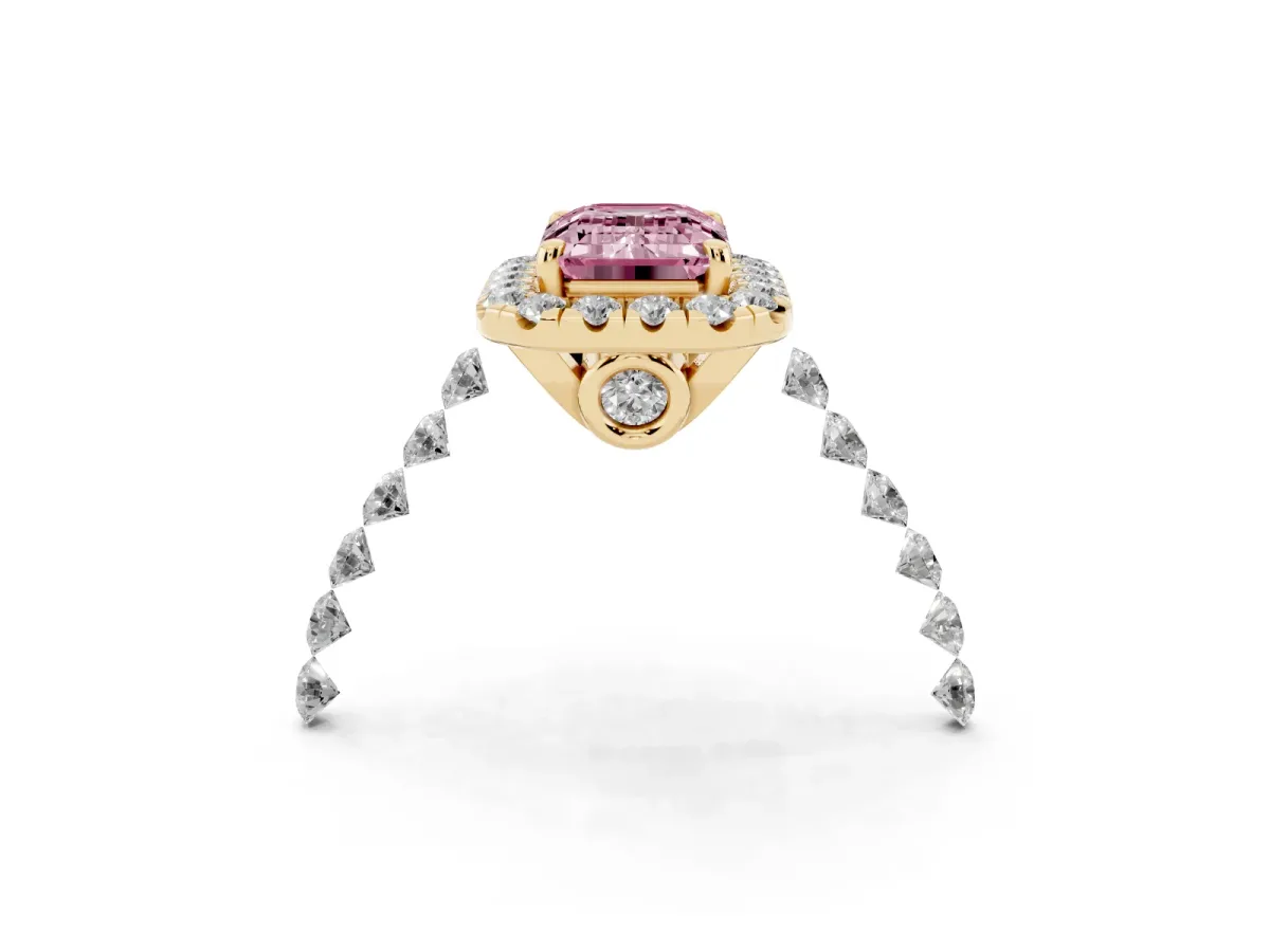 Fancy Pink Emerald Cut Halo Pavé Diamond Engagement Ring with Four-Prong Setting Yellow gold