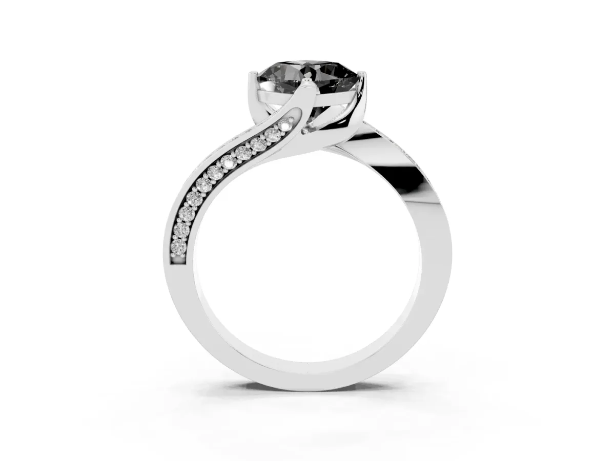 Fancy Black Cushion Cut Solitaire Diamond Twist Band with Pavé Setting and Four-Prong Setting Silver