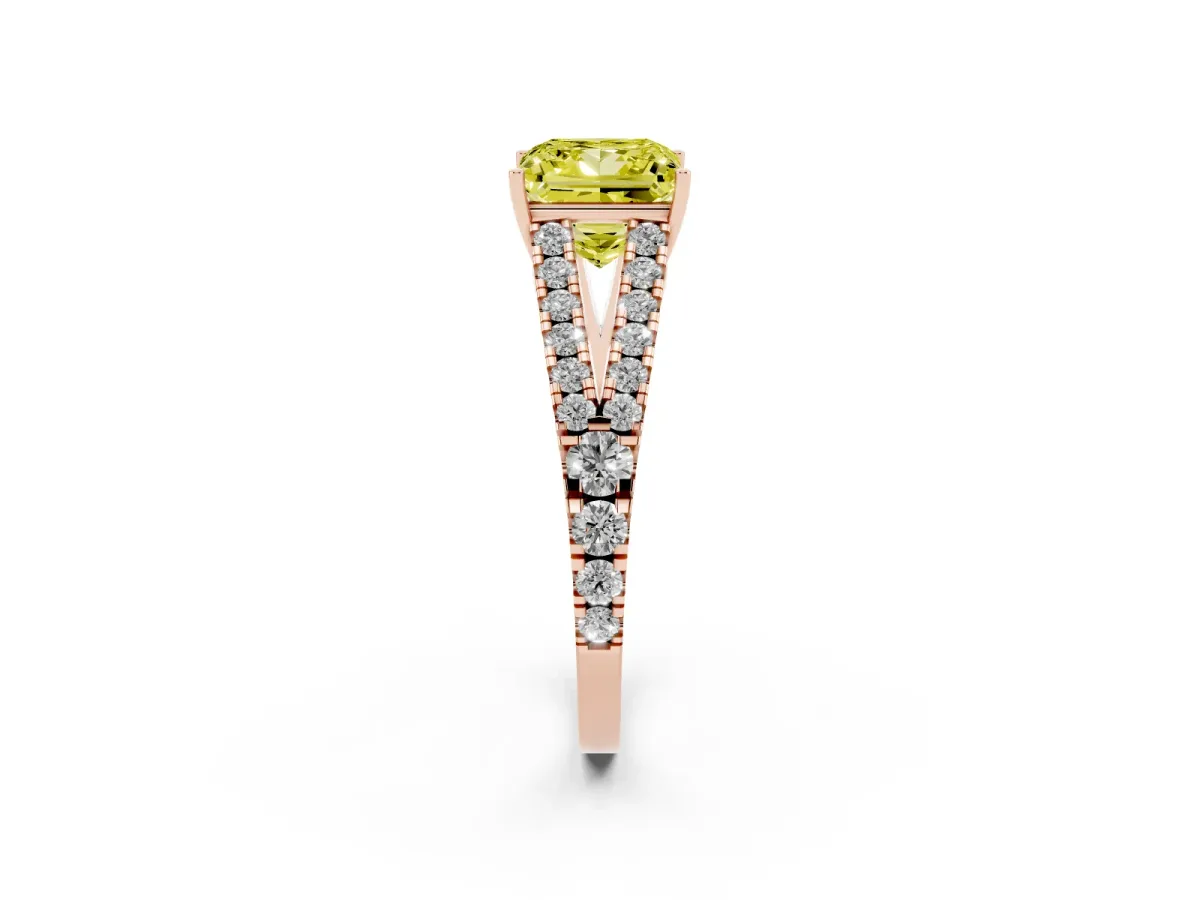 Fancy Yellow Princess Cut Diamond Split Shank Engagement Ring with Round Pavé and Prong Setting Rose gold
