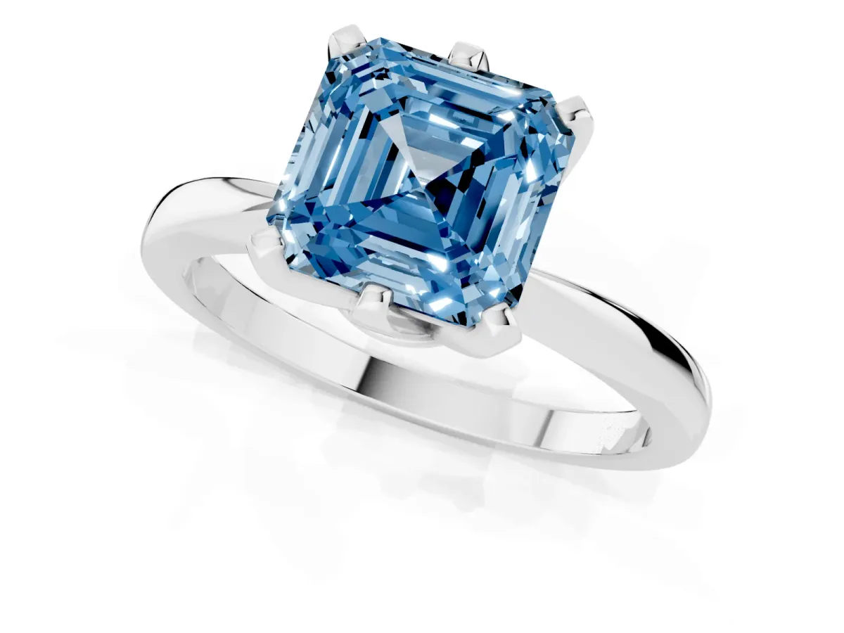 Fancy Blue Asscher Cut Solitaire Engagement Ring with Six-Prong Setting and Tapered Band White gold