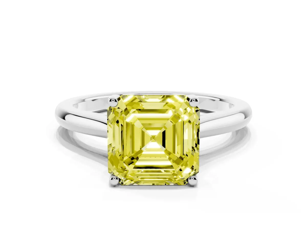 Fancy Yellow Asscher Cut Cut Solitaire Ring with Cathedral Band and Four-Prong Setting Silver