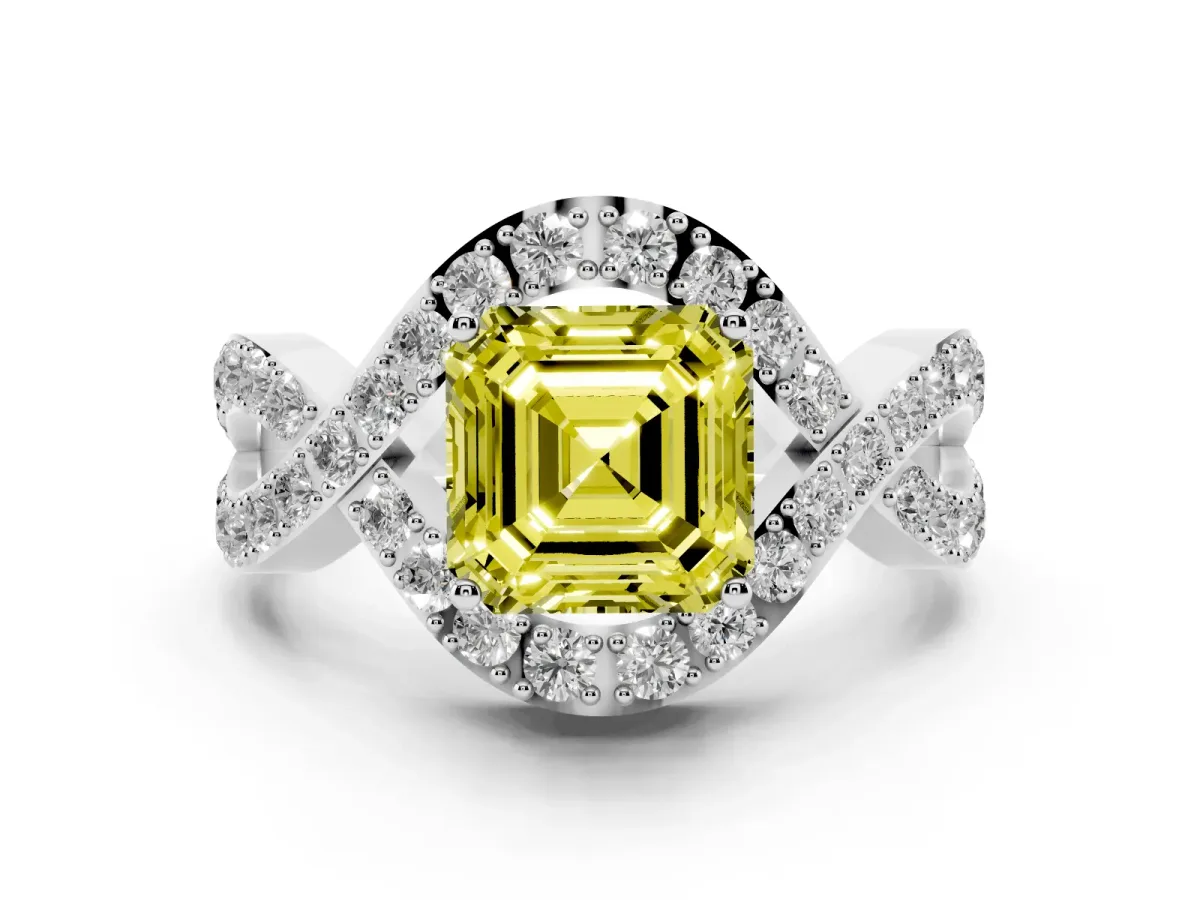 Fancy Yellow Asscher Cut Solitaire Twist Band Pavé Diamond Engagement Ring Silver