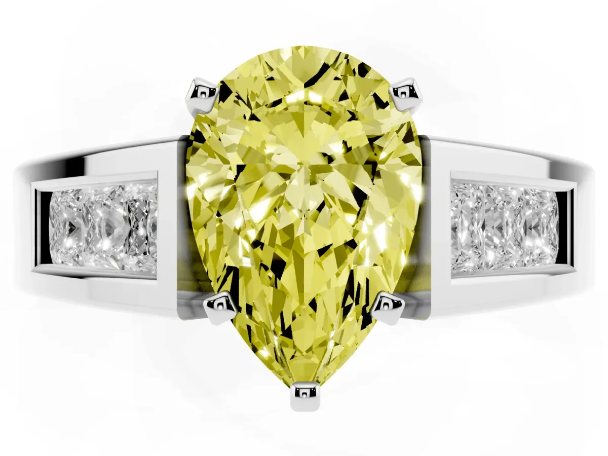 Fancy Yellow Pear Cut Cut Channel Set Solitaire Ring with Four-Prong Setting Silver