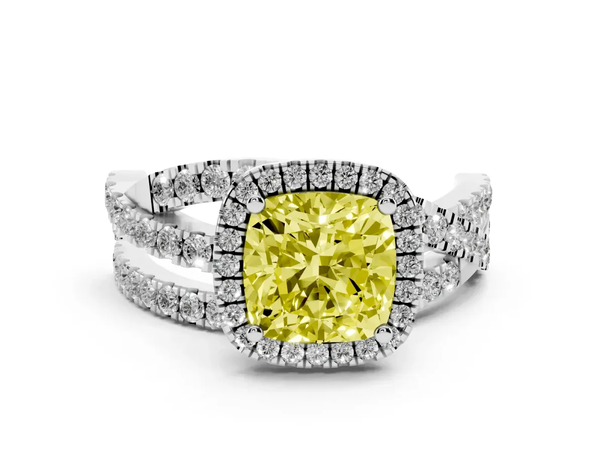 Fancy Yellow Cushion Cut Diamond Halo Ring with Round Split Shank and Prong Setting Silver