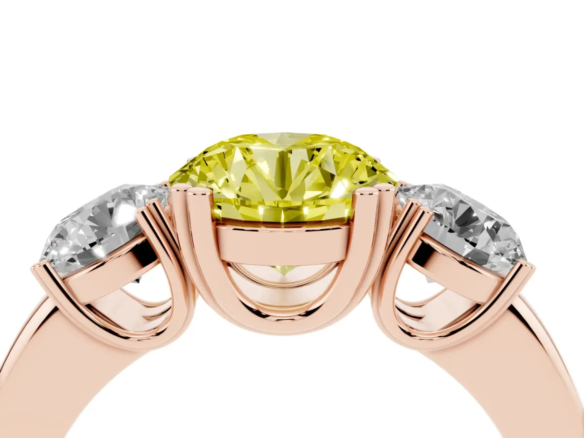 Fancy Yellow Three-Stone Round Cut Cut Diamond Ring with Channel Set Band and Four-Prong Setting Rose gold