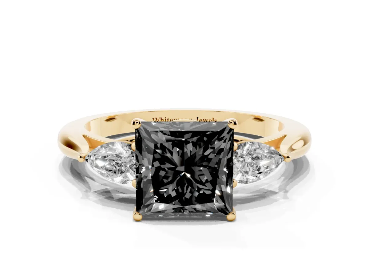 Fancy Black Three-Stone Princess Cut Brilliant Diamond Solitaire Ring with Tapered Band and Four-Prong Setting Yellow gold