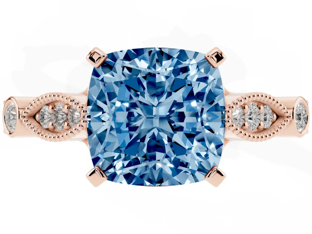 Fancy Blue Cushion Cut Cut Diamond with Milgrain Marquise and Bezel Accents on a Solitaire Band with Prong Setting Rose gold