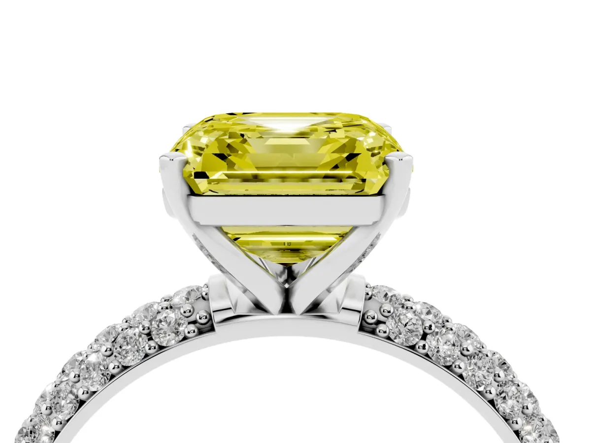 Fancy Yellow Asscher Cut Diamond Solitaire Ring with Prong Setting and Pavé Band Silver