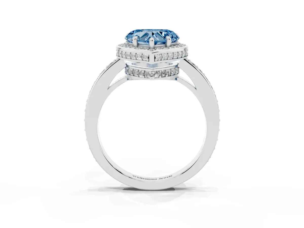 Fancy Blue Heart Cut Halo Pave Band Solitaire Ring with Prong Setting Silver
