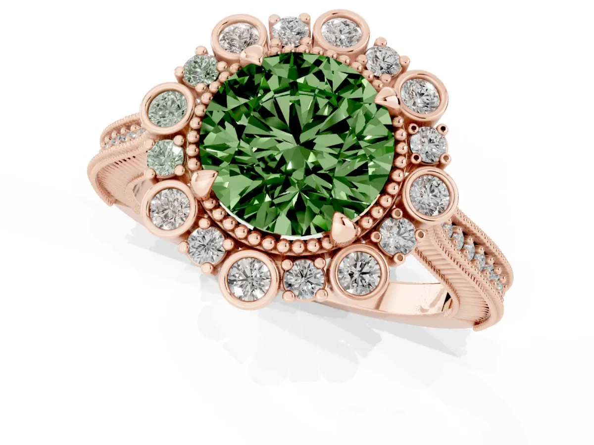 Fancy Green Round Cut Halo Milgrain Pave Diamond Ring with Four-Prong Setting Rose gold