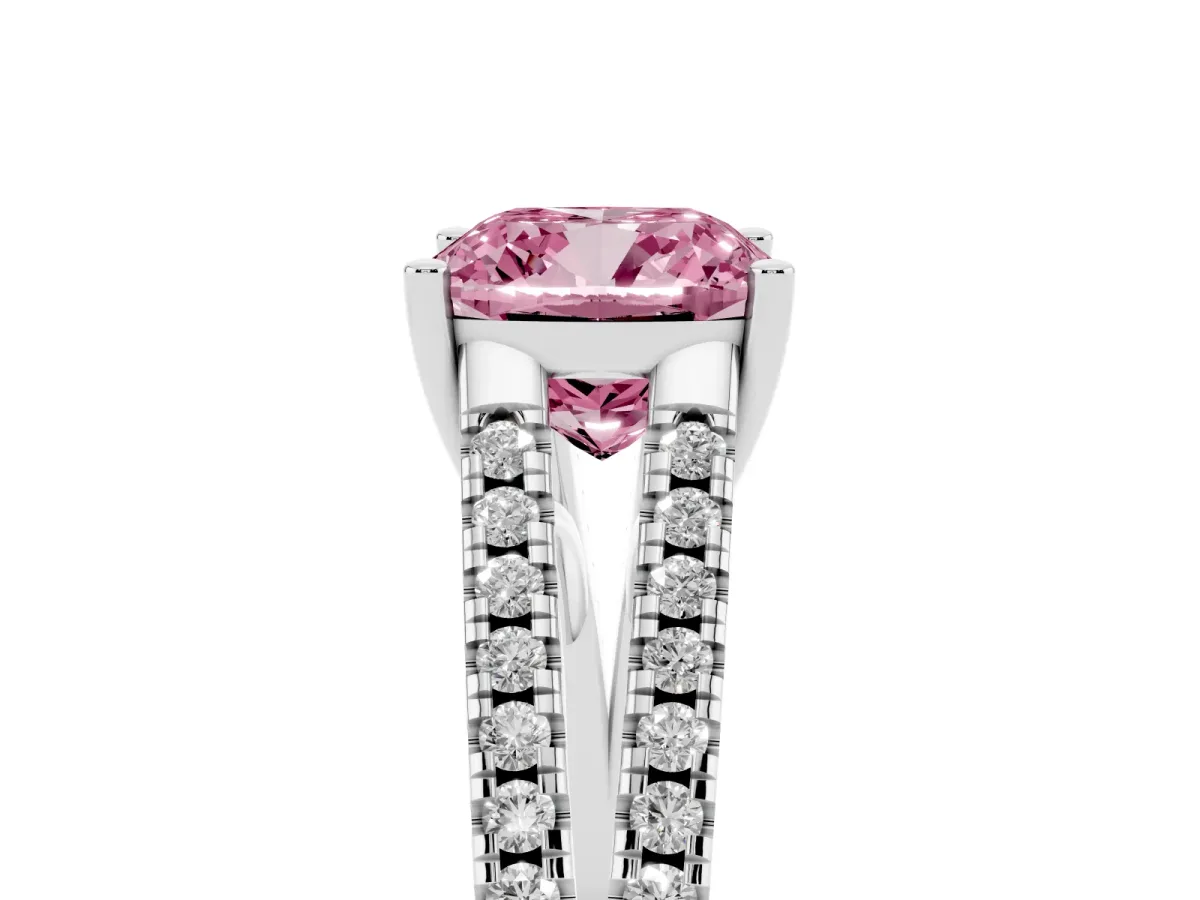 Fancy Pink Cushion Cut Diamond Solitaire Engagement Ring with Split Shank Pavé Band Silver