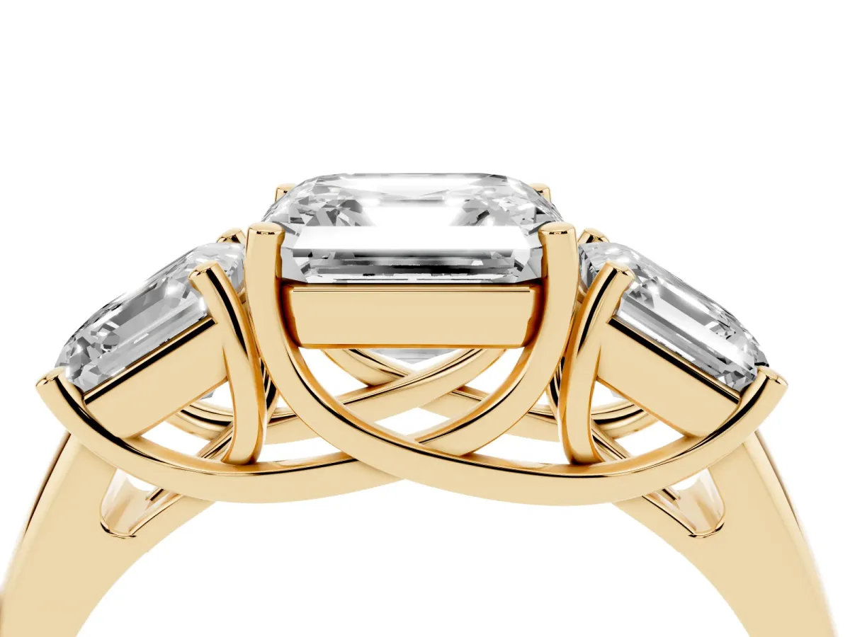 Three-Stone Asscher Cut Diamond Engagement Ring with Prong Setting Yellow gold