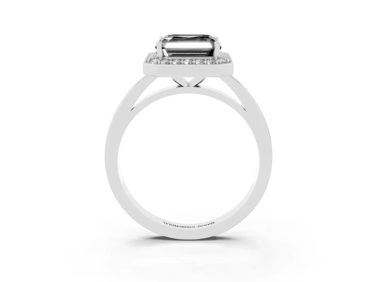 Fancy Black Asscher Cut Halo Diamond Ring with Solitaire Band and Prong Setting Silver