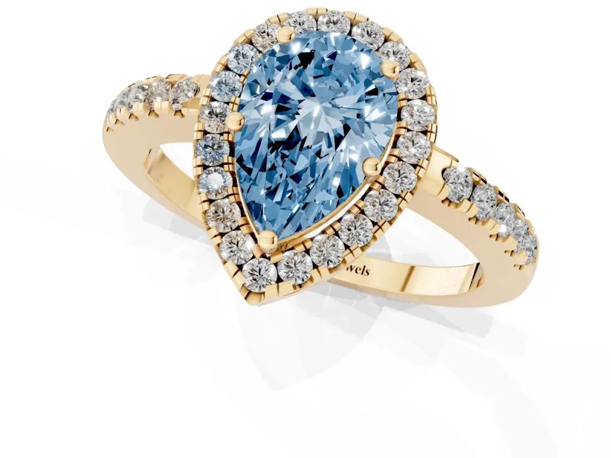 Fancy Blue Pear Cut Halo Diamond Engagement Ring with Pavé Band and Four-Prong Setting Yellow gold