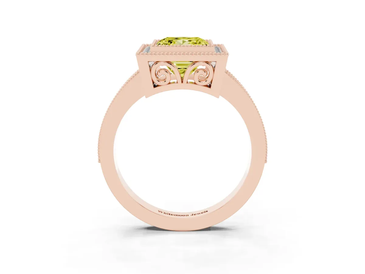 Fancy Yellow Princess Cut Cut Halo Diamond Ring with Pavé Band and Milgrain Prong Setting Rose gold