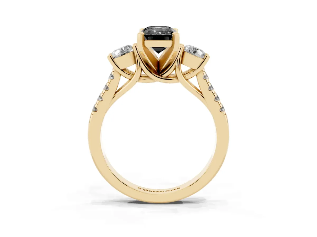 Fancy Black Three-Stone Emerald Cut Diamond Pavé Band with Four-Prong Setting Yellow gold