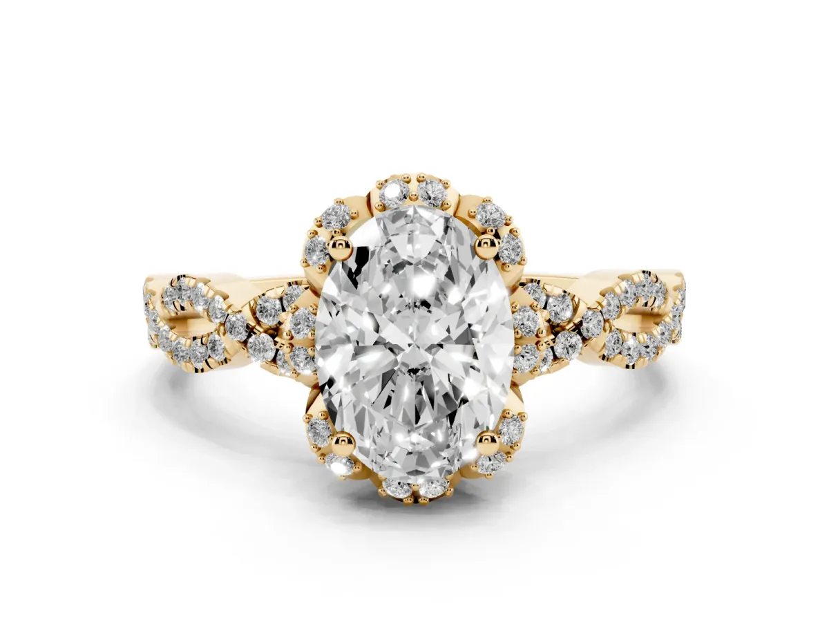 Oval Cut Halo Twist Band Solitaire Ring with Six-Prong Setting Yellow gold