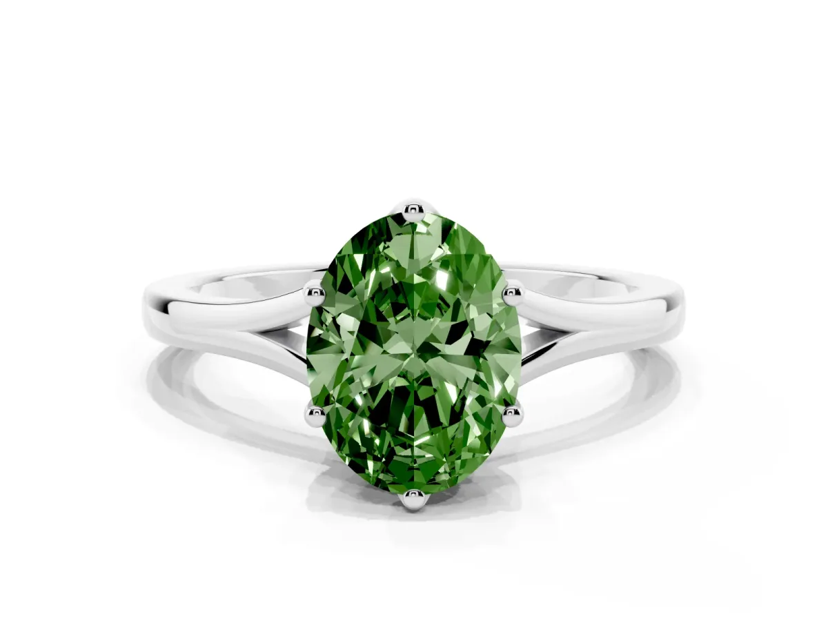 Fancy Green Oval Cut Solitaire Diamond Ring with Six-Prong Setting and Tapered Band Silver