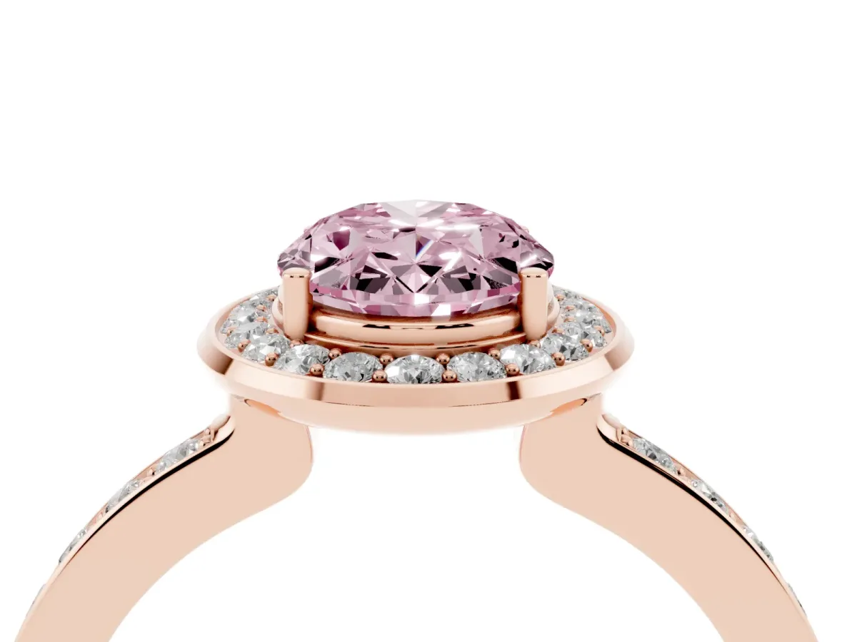 Fancy Pink Oval Cut Diamond Halo Ring with Bezel Frame and Pavé Band Rose gold