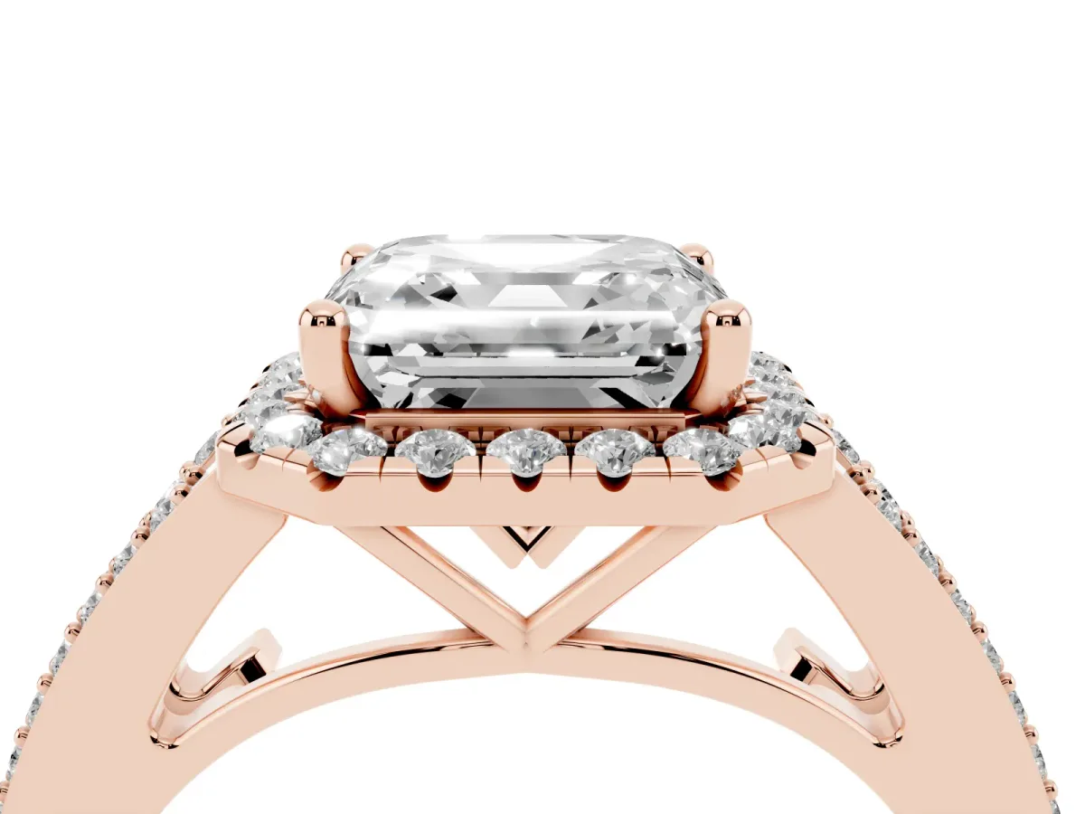 Asscher Cut Halo Split Shank Diamond Ring with Prong Setting Rose gold