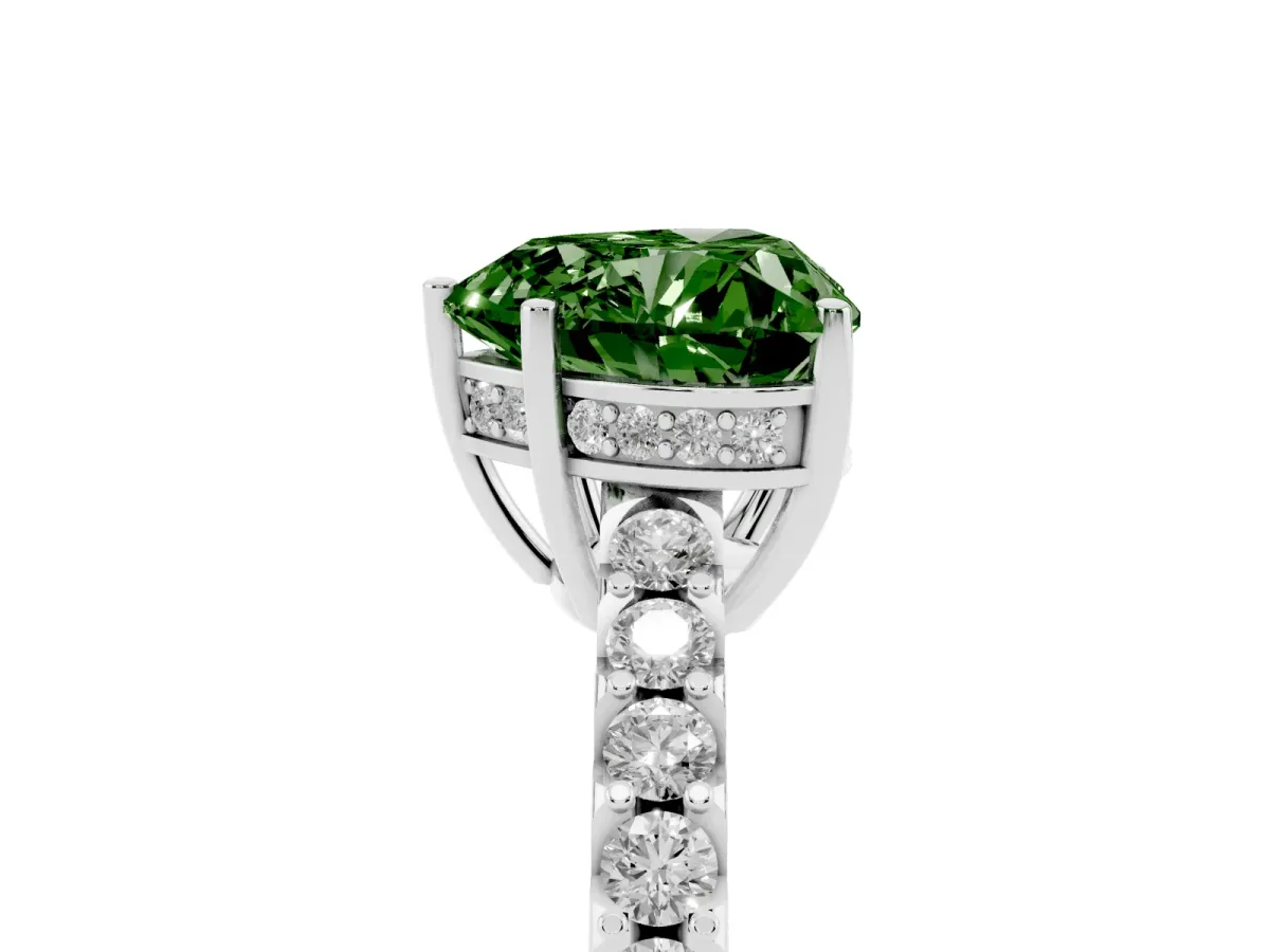 Fancy Green Heart Cut Solitaire Diamond Engagement Ring with Pavé Band and Six-Prong Setting White gold