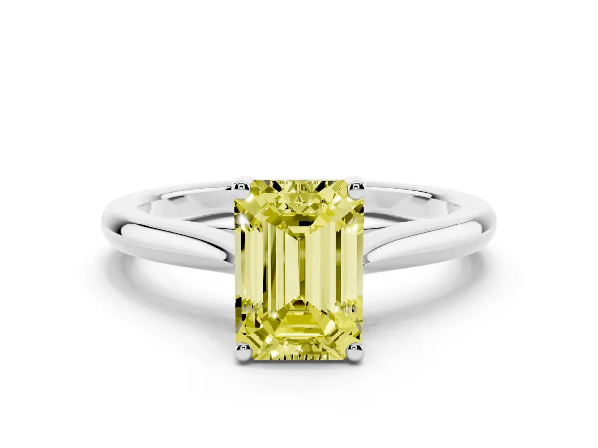 Fancy Yellow Emerald Cut Cut Solitaire Ring with Cathedral Band and Four-Prong Setting Silver