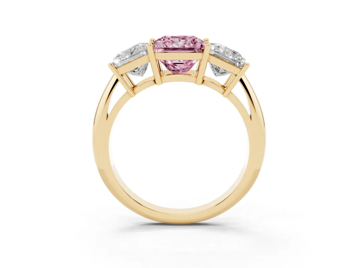 Fancy Pink Three-Stone Princess Cut Cut Diamond Engagement Ring with Prong Setting on a White Gold Band Yellow gold
