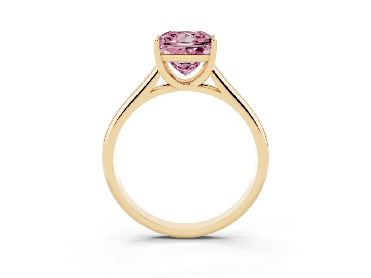 Fancy Pink Princess Cut Solitaire Engagement Ring with Tapered Band and Four-Prong Setting Yellow gold