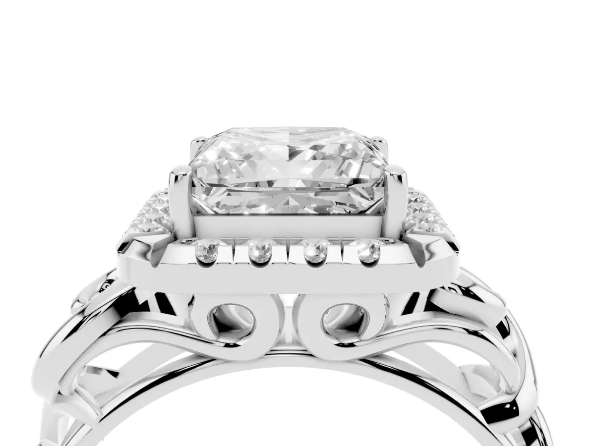 Princess Cut Cut Halo Diamond Ring with Scrollwork Band and Four-Prong Setting Platinum