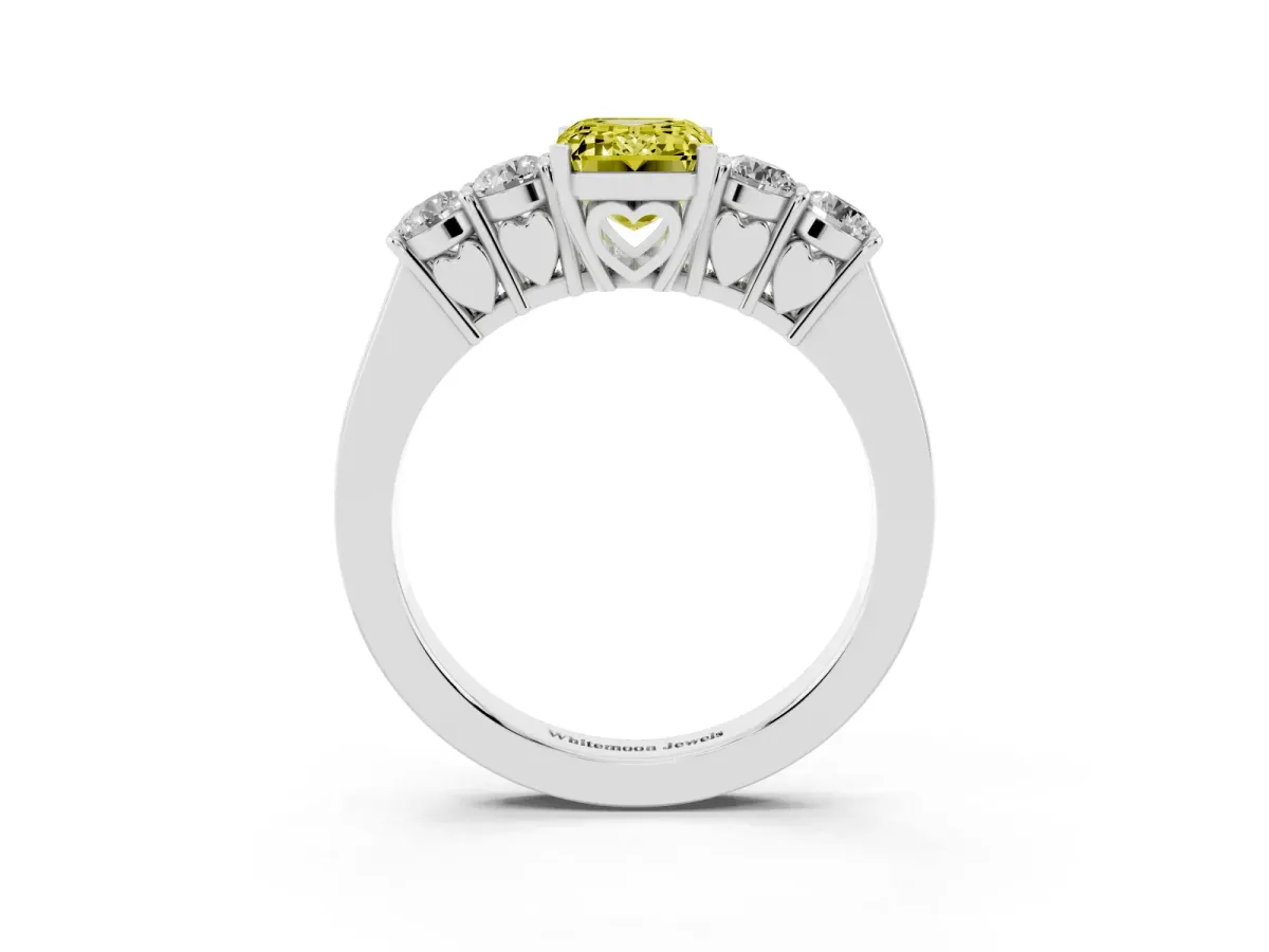 Fancy Yellow Emerald Cut Cut Diamond Five-Stone Prong Set White Gold Ring Silver