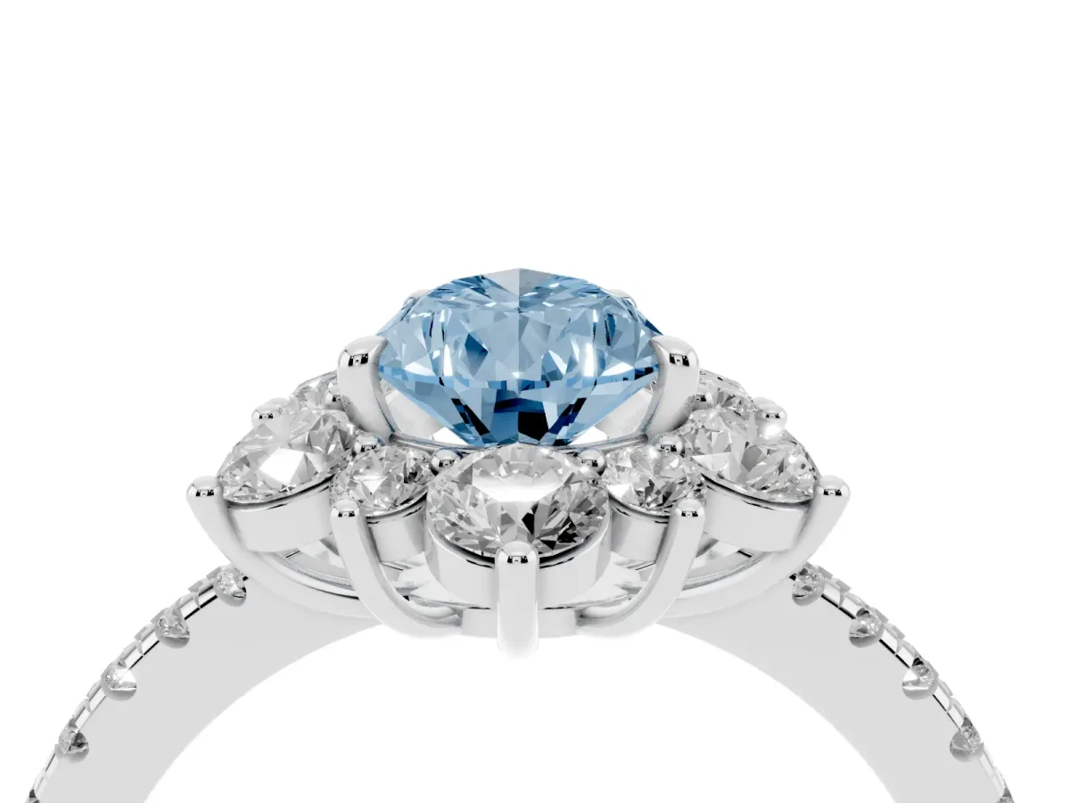 Fancy Blue Pear Cut Diamond Floral Halo Ring with Round Pavé Band and Prong Setting Platinum