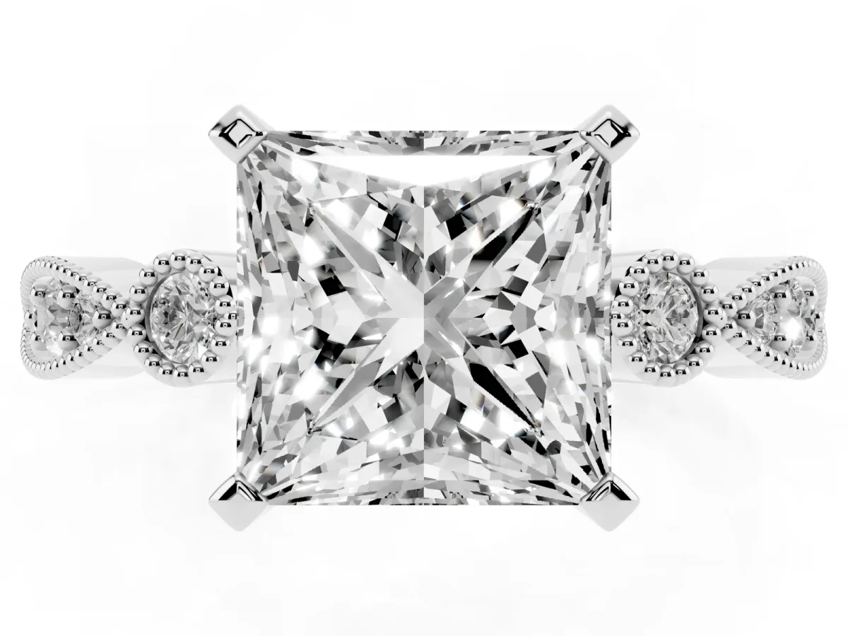 Princess Cut Milgrain Bezel Diamond Engagement Ring with Solitaire Prong Setting Silver