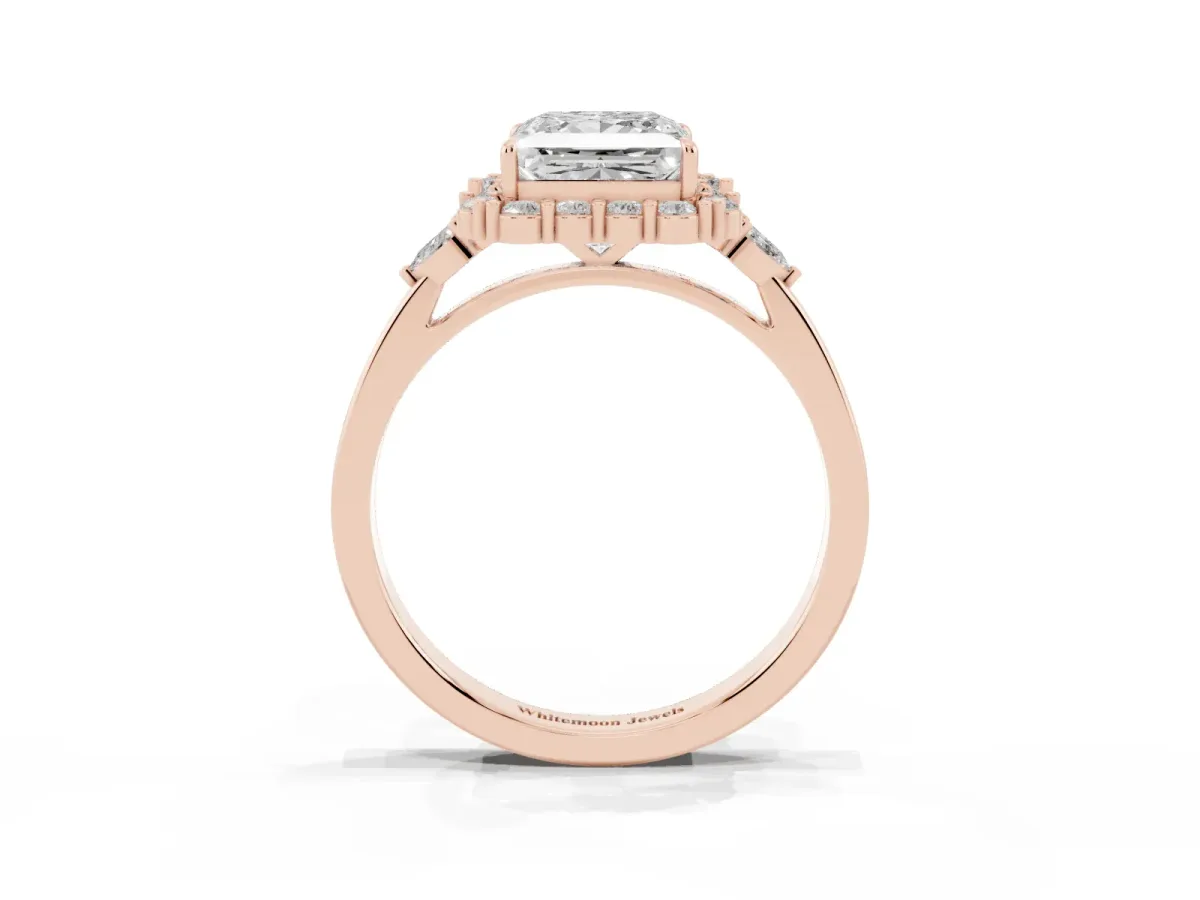 Princess Cut Diamond Halo Ring with Pear Side Stones and Prong Setting Rose gold